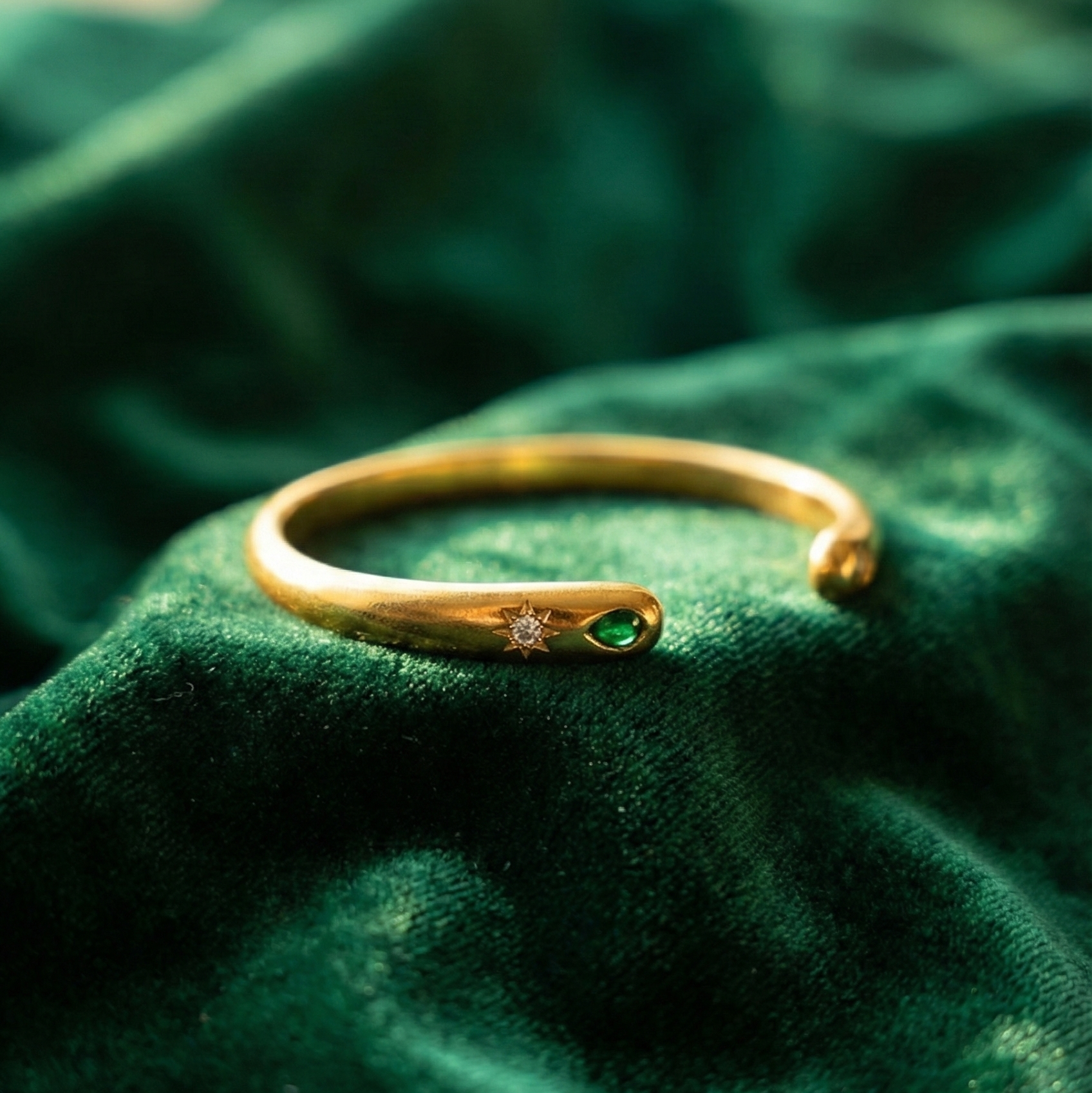 Gold Emerald & Starburst Open Cuff Bangle