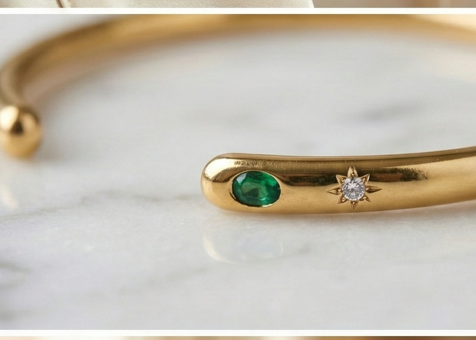 Gold Emerald & Starburst Open Cuff Bangle